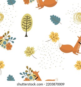 Seamless vector pattern with cute fox, fox cub with autumn bouquet of flowers, plants, oak, maple leaves, autumn forest, autumn vibes, suitable for Thanksgiving, Halloween.