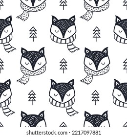 Seamless Vector Pattern with Cute Fox, and hand drawn shapes. Childish Cartoon Forest Animals Background. design for fabric, wrapping, textile, wallpaper, apparel and all your creative project