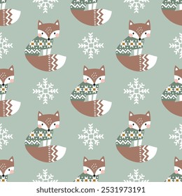 Seamless vector pattern with cute fox in winter clothes. Hand drawn Nordic background. EPS 10 vector file. Perfect for textile, wallpaper or nursery print design.