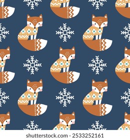 Seamless vector pattern with cute fox in winter clothes. Hand drawn Nordic background. EPS 10 vector file. Perfect for textile, wallpaper or nursery print design.