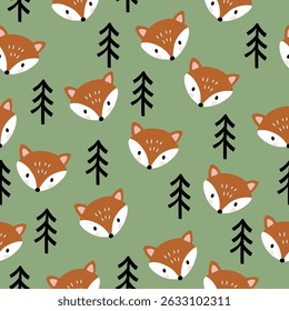 Padrão de vetor sem costura com cabeça de raposa bonito e pinheiros. Fundo de animal de floresta desenhado à mão. Perfeito para design têxtil, papel de parede ou impressão. Arquivo de vetor EPS 10.