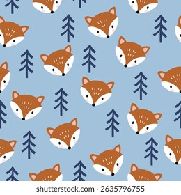 Seamless vector pattern with cute fox head and pine trees. Hand drawn woodland animal background. Perfect for textile, wallpaper or print design. EPS 10 vector file.