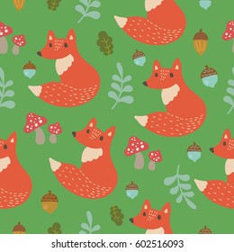 Seamless vector pattern with cute fox, acorn, amanita and foliage. Perfect for gift wrapping, wallpaper, children`s room, clothing and postcard.