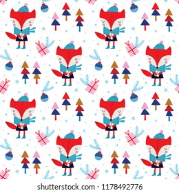 Seamless vector pattern with cute foxes. Can be used for wallpaper, pattern fills, web page background, surface textures, gifts. Creative Hand Drawn textures for winter holidays.