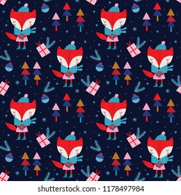 Seamless vector pattern with cute foxes. Can be used for wallpaper, pattern fills, web page background, surface textures, gifts. Creative Hand Drawn textures for winter holidays.