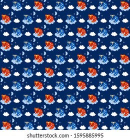 Seamless vector pattern with cute foxes. Repeating wallpaper on a dark blue background. Ideal for fabric, wallpaper, wrapping paper or children's decor.