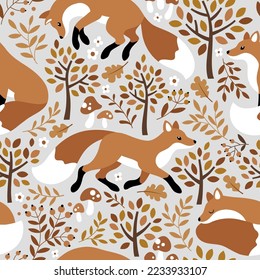 Seamless vector pattern with cute foxes, trees and leaves. Perfect for textile, wallpaper or print design.