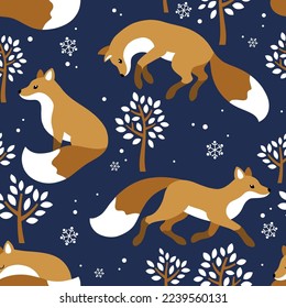 Seamless vector pattern with cute foxes, trees and leaves. Perfect for textile, wallpaper or print design.