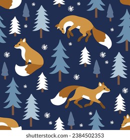 Seamless vector pattern with cute foxes, woodland landscape with pine trees and snowflakes. Hand drawn illustration artwork. Perfect for textile, wallpaper or print design.