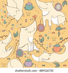 Seamless vector pattern with cute foxes and flowers on light yellow background. Hand drawn illustration decorated with doodle flowers and butterflies. Kind childish texture in pastel colors