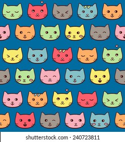 Seamless vector pattern with cute freehand emotional cats on dark blue background