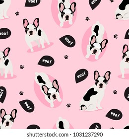 
Seamless vector pattern with cute french bulldog on a pink background.