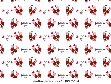 Seamless vector pattern with cute french bulldog puppy. Romantic wallpaper "Valentine's Day". The inscription "I love you." Textile composition, hand-drawn style. Isolated Print of black and red color