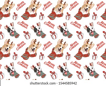 Seamless vector pattern Cute french bulldog puppy and corgi with deer horns and with red scarves. New Year's wallpaper "Marry Christmas" 
isolated on background white. Printing gift wrapping, wrappers