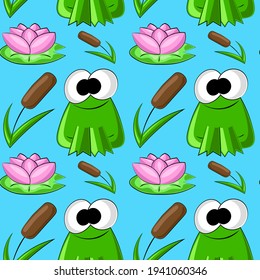 Seamless vector pattern with cute frog, lotos and reed