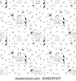 Seamless vector pattern with cute frog and dragonfly, lilies and reeds on the pond in graphic style.
