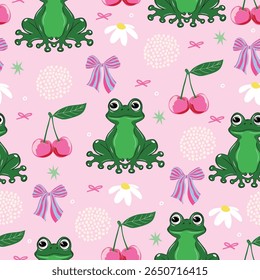 Seamless vector pattern with cute frogs, flowers, bows, daisies, and cherries on a pastel pink background. Playful and whimsical design.