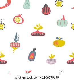 Seamless vector pattern with cute fruits and vegetables. Fabric design. Illustration for textile, print, cover.