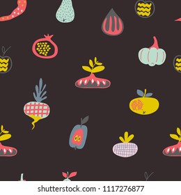 Seamless vector pattern with cute fruits and vegetables. Fabric design. Illustration for textile, print, cover, wrapping, wallpaper