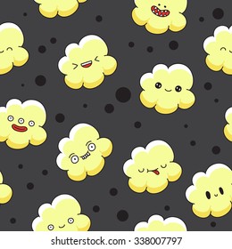 Seamless vector pattern of cute and fun popcorn on a black background. Vector illustration drawn by hand.