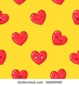 Seamless vector pattern of cute and fun red hearts with different emotions on a yellow background.