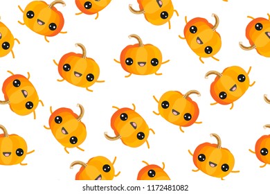  Seamless vector pattern. Cute funny pumpkins on white background. Vegetable collection. Joyful pumpkin print. Halloween. Fashionable flat design. Background, Wallpaper in kawaii style.