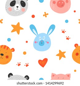 Seamless vector pattern. Cute funny smiling animals: tiger, panda, pig, bunny. Hand drawn kids illustration.  Background for fabric prints. Pencil texture. Childish drawing. Orange.