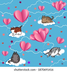 Seamless vector pattern of cute funny cats flying in the clouds on balloons in the form of hearts. Stars, stars and hearts in the blue sky. Design for Valentine's day or birthday. Children's backgroun