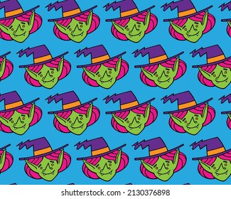 Seamless vector pattern with cute funny witch. Halloween template with a smiling little witch girl. A hand-drawn cartoon character in the style of doodles. Isolated. For Halloween wrap paper, cards.