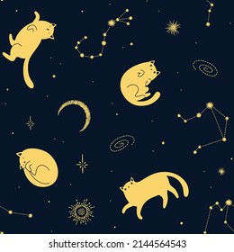 Seamless vector pattern with cute funny cats in space. Cosmic background with stars, constellations and moon.