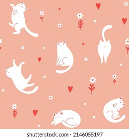 Seamless vector pattern with cute funny white cats, small flowers and red hearts on pink background.