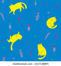 Seamless vector pattern with cute funny yellow cats and small flowers on blue background.