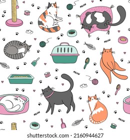 Seamless vector pattern with cute funny cats on white background. Cute vet pattern. 