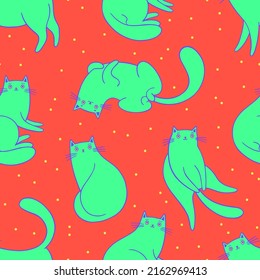 Seamless vector pattern with cute funny green cats on red background.