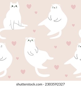 Seamless vector pattern. Cute funny white cats. Red hearts 