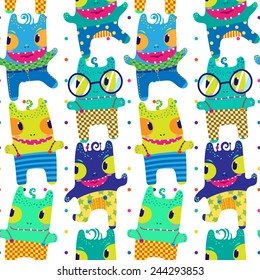 Seamless vector pattern with cute funny colorful hipster  monsters. Can be used for fabrics, wallpapers,  design and decoration.