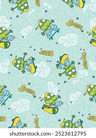 Seamless vector pattern of Cute funny cartoon frog with skate board 