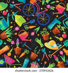 Seamless vector pattern with cute funny colorful garden tools, clothes, vegetables, herbs and cute bicycle.  Can be used for fabrics, wallpapers, stickers, cards, design and decoration.
