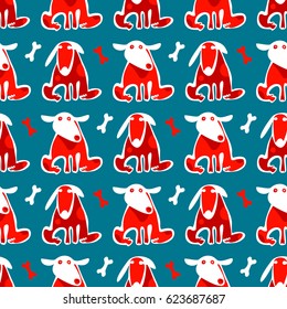 Seamless vector pattern with cute funny dogs and their treats bones. Simple endless background, can be used, as wrapping paper, website wallpaper for children and pets. Seamless backgrounds collection