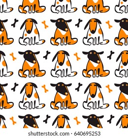 Seamless vector pattern with cute funny dogs and their treats bones. Simple endless background, can be used, as wrapping paper, website wallpaper for children and pets. Seamless backgrounds collection