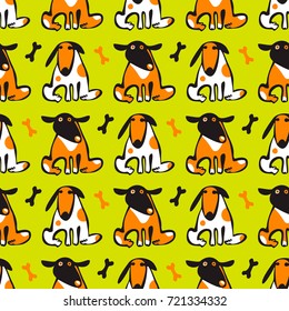 Seamless vector pattern with cute funny dogs and their treats bones. Simple endless background can be used, as wrapping paper, web wallpaper for children and pets. 2018 year of dog, Chinese calendar.
