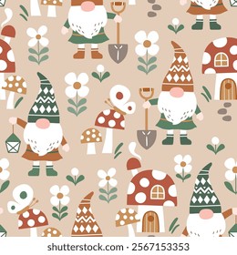 Seamless vector pattern with cute gardening gnomes, mushroom house and flowers. Hand drawn fairy dwarf on floral background. EPS 10 vector file. Perfect for textile, wallpaper or print design.