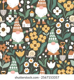 Seamless vector pattern with cute gardening gnomes and flowers. Hand drawn fairy dwarf on floral background. EPS 10 vector file. Perfect for textile, wallpaper or print design.