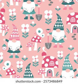 Seamless vector pattern with cute gardening gnomes, mushroom house and flowers. Hand drawn fairy dwarf on floral background. EPS 10 vector file. Perfect for textile, wallpaper or print design.