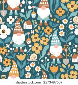 Seamless vector pattern with cute gardening gnomes and flowers. Hand drawn fairy dwarf on floral background. EPS 10 vector file. Perfect for textile, wallpaper or print design.