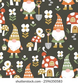 Seamless vector pattern with cute gardening gnomes, mushroom house and flowers. Hand drawn fairy dwarf on floral background. EPS 10 vector file. Perfect for textile, wallpaper or nursery print design.