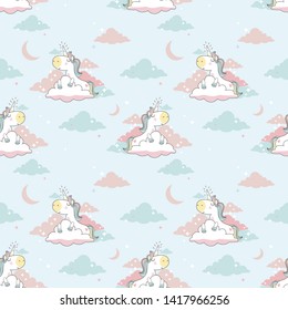 Seamless Vector pattern cute gentle kind sweet unicorn in clouds in gentle colors