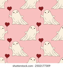 Seamless vector pattern with cute ghost holding a heart shaped red balloon. Kind halloween character for kids on pink background. Spooky spirit texture for wallpaper, wrapping paper, textile