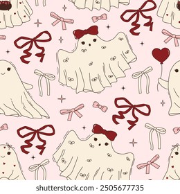 Seamless vector pattern with cute ghost and coquette bows. Kind halloween character for kids on pink background. Spooky spirit texture for wallpaper, wrapping paper, textile