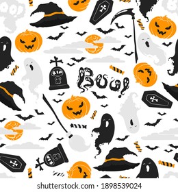 Seamless vector pattern with cute ghosts, Boo letterings, moon, clouds and bats isolated on white background. Illustration for textile, print, card, invitation, wallpaper, fabric